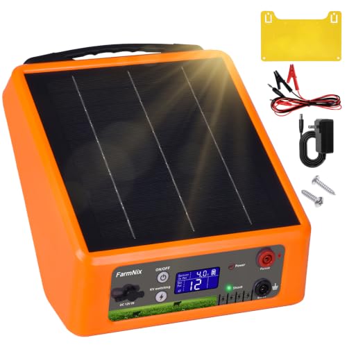 20 Miles Solar Electric Fence Charger, 0.3-2.0J Adjustable Output | Farms & Ranches, 6W Solar Panel, 18Ah Lithium Battery, 6-12KV 0.3-2.0J Adjustable Output, Day & Night Mode, IP55 Waterproof - color: Orange