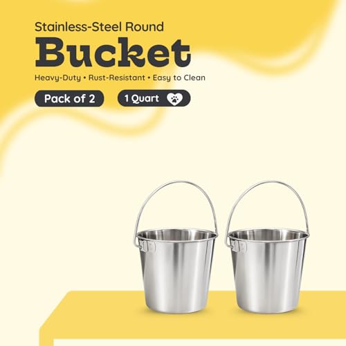 1Qt Stainless Steel Hanging Water Bucket for Dog Kennel 2-Pack | Food & Water Pail, 0.25 Gallon Capacity, Heavy-Duty, Round Design with Carry Handle, Ideal for Dogs, Cats, Birds & Small Pets - size: 1 Quart (Pack of 2)