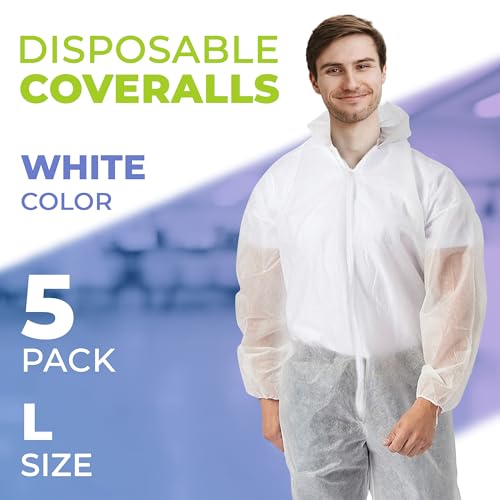 AMZ Medical Supply Disposable Coveralls with Hood and Boots, Large White, 5 Pack, Lightweight Polypropylene Paint Suit, Zipper Front, Elastic Wrists, Unisex Work Coveralls - size: Large / 5 Pack