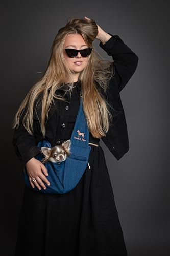 Noah & Paw Dog Sling Carrier for Small Dogs 3-10lb, Dog Sling for Small Dogs and Cats, Dog Carrier with Adjustable Padded Strap, Premium Denim, Lined with Fur, Double Safety Feature, Machine Washable - color: Light Blue, size: 15.0"L x 6.0"W x 5.5"H