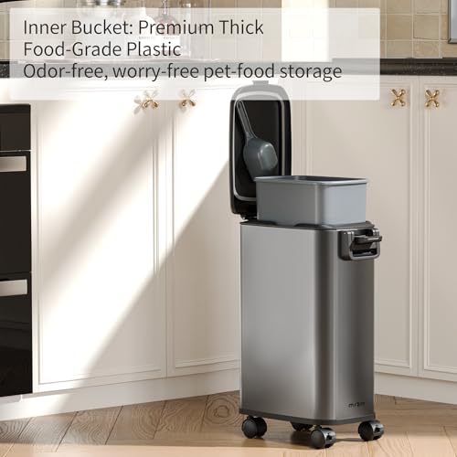 MRBIN Pet Food Storage Bin, Dog Food Bin 12L with Scoop Airtight Pet Food Container Stainless Steel with Wheels, Eclipse Grey