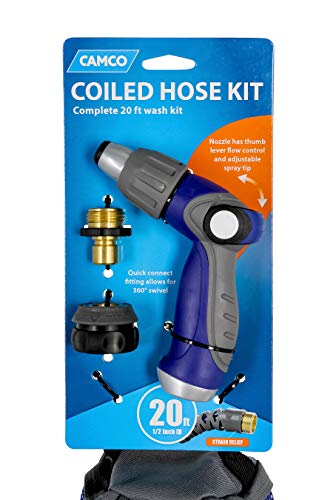 Camco 20’ Coiled Water Nozzle with Adjustable Spray Pattern Kit – Hose Design Prevents Kinking and Tangling, for Car Washing and Gardening (41980) - style: 20' Coiled Water Hose Kit