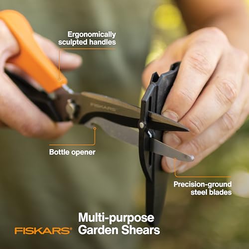 Fiskars 9" 7-in-1 Heavy-Duty Garden Scissors Multi-Tool with Sheath | Take-Apart Shears with Power Notch, Wire & Twine Cutter, Pointed Awl Tip, Bottle Opener, Sheath with Tape Cutter & Sharpener - style: Scissors