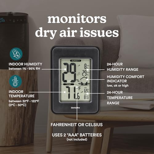 Homedics HM100 Indoor Humidity Monitor, Easy-Read Hygrometer | to Monitor Indoor Air Comfort, Fahrenheit and Celsius, Battery-Operated Room Thermometer for Home