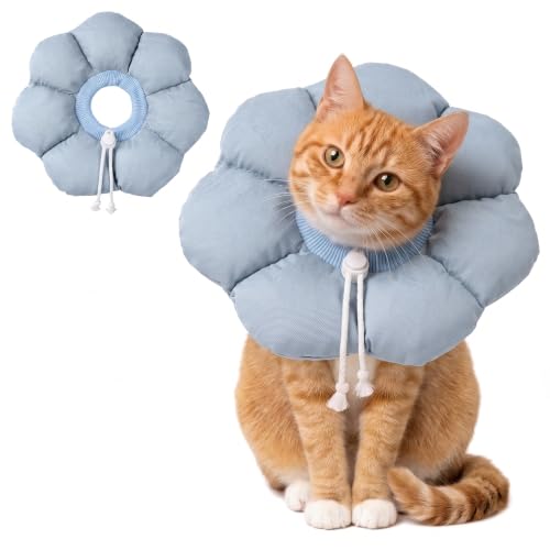 Avont Soft Cat Cone S Grayishblue Post-Surgery Anti-Lick Adjustable | Grayishblue S, Neck 5.9-9.8", Anti-Lick, Breathable, Lightweight, Soft Cotton, Adjustable Drawstring - color: Grayishblue, size: S (5.9" – 9.8")
