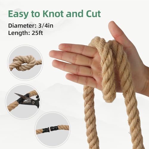 Natural Jute Rope, Heavy Duty Thick Rope, 3/4 in x 25 ft | For indoor and outdoor crafts, nautical rope decor, railings, hammocks, swings, gardening and tug of war - size: 3/4 in x 25 ft