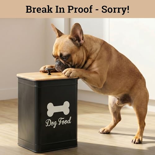 Metal Dog Food Container 5-7lb, 25 Cup w/ Airtight Bamboo Lid, Metal Handle | Pet Jar For Dogs up to 50lbs, Airtight Bamboo Lid, Sturdy Comfortable Metal Handle, Powder Coated Iron, Kibble Storage Bin - color: Black: Bone