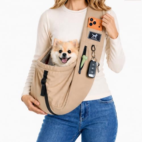 Dog Sling Carrier for Small Dogs & Cats 5-20 lbs, Adjustable Depth | Breathable Air Mesh Puppy Sling, Water-Resistant Travel Bag, Double Safety Leash, Machine Washable, Hands-Free Pouch, Caramel - color: Caramel