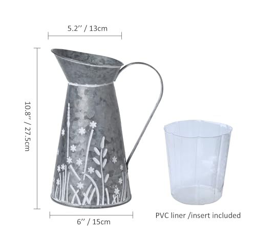 Vintage Galvanized Metal Pitcher Vase, Farmhouse Rustic Flower Vase with Handle, Decorative Floral Milk Jug Vase for Home Décor, 10.8’’H - color: Floral Milk Jug