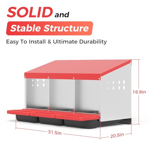 3-Compartment Chicken Nesting Box, Heavy Duty Galvanized Steel Poultry Nest Box, Wall Mount/Freestanding Design for Hens, Ducks, Backyard Homesteads & Farm Use, Red, with Soft Mats, No Stand - color: Red, size: 3 Room&Mat Board