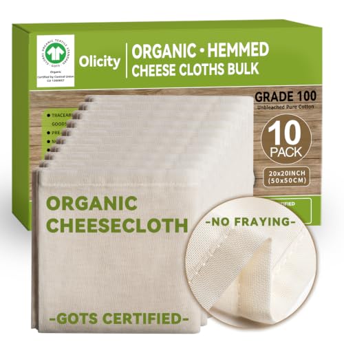 Organic Cheesecloth Bulk,GOTS Certified,10Pack, 20x20” Hemmed Cheese Cloths | Reusable Fine Mesh Cloth Fabric, 100% Cotton Unbleached Muslin Grade 100 Bulk Cheesecloth Roll for Straining, Cooking, Yogurt