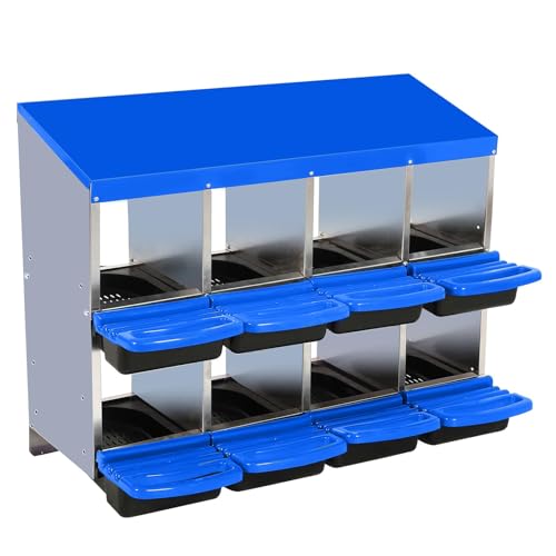 Chicken Nesting Boxes, 8 Hole Metal Chicken Laying Box with with Removable Trays and Roll Out Egg Collection for Chicken Coop, Blue - color: Blue, size: 46.3"L x 17.3"W x 10.8"H