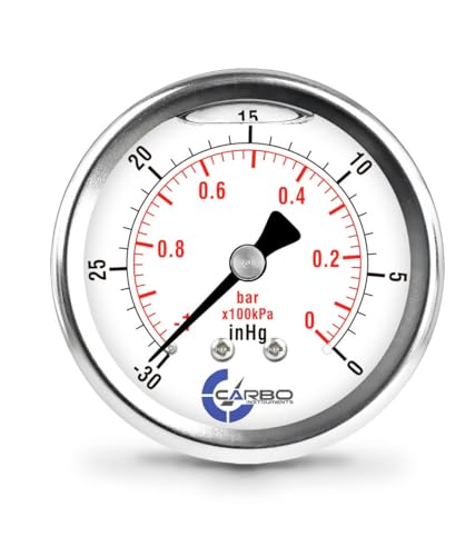 Vacuum Pressure Gauge 0 to -30 inHg, Glycerin Liquid Filled, 2.5" Dial, 1/4 NPT Back Mount, 304 Stainless Steel Case, Brass Wetted Parts, Dual Scale inHg/Bar - ASME B40.1 Grade A - size: 0 to -30 inHg, style: STANDARD