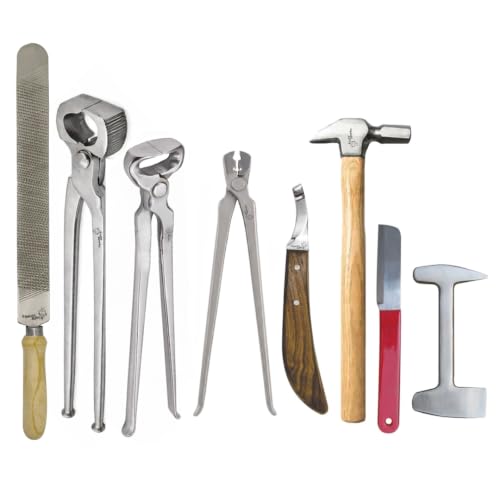 Horse Farrier Tool Kit 8 PCS Professional Farrier Hoof Care Complete Set with Nippers, Puller, Hammer, Clinch Cutter, Hoof Knives & Rasp – Equine Grooming & Shoeing Tools Kit for Horses