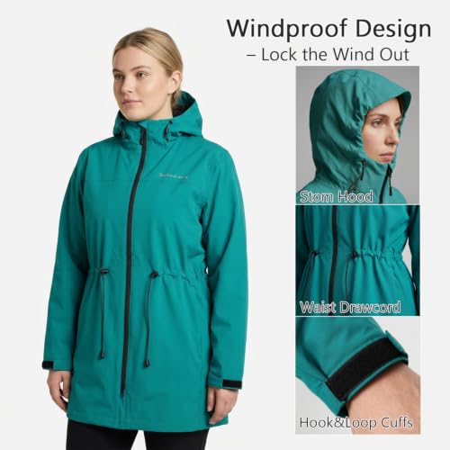 Women's Waterproof Long Rain Jackets Raincoats with Adjustable Hood | Lightweight Outdoor Activities Rain Shell Relaxed Fit Drawstring Waist Windbreaker Breathable Mesh-Lined Trench Coat - color: Teal Green, size: Small