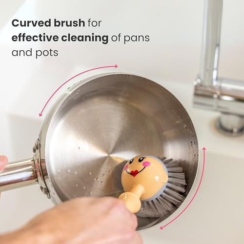 Vigar Dolls Dish Brush with Handle and Holder - Dish Scrubber Brush for Dishes and Pans, Kitchen Scrub Brush, Dishwashing Brush for Kitchen Sink Cleaning, Cute Standing Dish Brush Design - Pink, Gray - color: Pink, Gray
