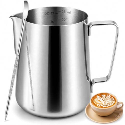 Vakoo Milk Frothing Pitcher, 12oz, 304 Stainless Steel Frother Cup | Dual Scale, Latte Pen Included, Barista Grade, for Espresso Machine, Coffee, Cappuccino, 12oz/20oz/32oz Available - size: 12 Ounces