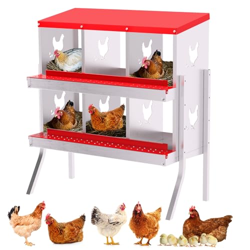 GarveeLife Nesting Boxes for Chickens, 6 Compartment Chicken Nesting Box with Metal Legs, Metal Chicken Laying Boxes with Perch, Secure Lid, Versatile Wall Mount or Free Standing for Hens, Red