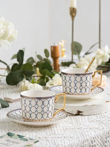 7 Oz Bone China Blue Tea Cup and Saucer Service for 4, Afternoon Porcelain Tea Set with Teapot, Tea Sets For Women Tea Party. - color: White Gold B