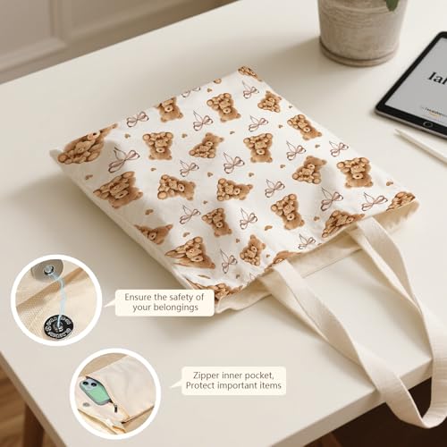 Aesthetic Canvas Tote Bag for Women - with Magnetic Snap Closure & Zipper Inner Pocket Reusable Totes Bag - color: Bear2