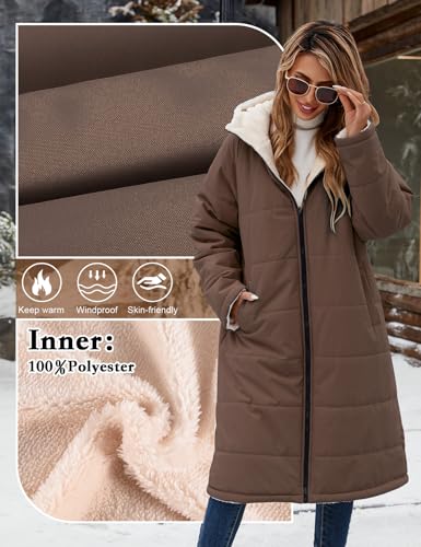 Yusongirl Women's Reversible Long Winter Puffer Coat with Hood and Fleece | Two wearable sides for winter commutes, school runs and city errands, with quilted warmth, soft fleece, a hood and pockets - color: Coffee, size: Small