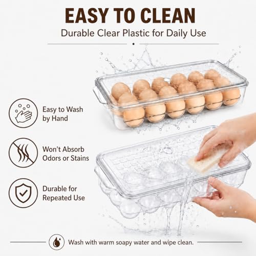 2 Pack 18 Egg Holder for Fridge - Plastic Stackable Egg Tray Holder With Lid - Egg Storage Container Organizer Bins with Air Hole and Handles for Refrigerator, Freezer, Pantry Organization - Clear