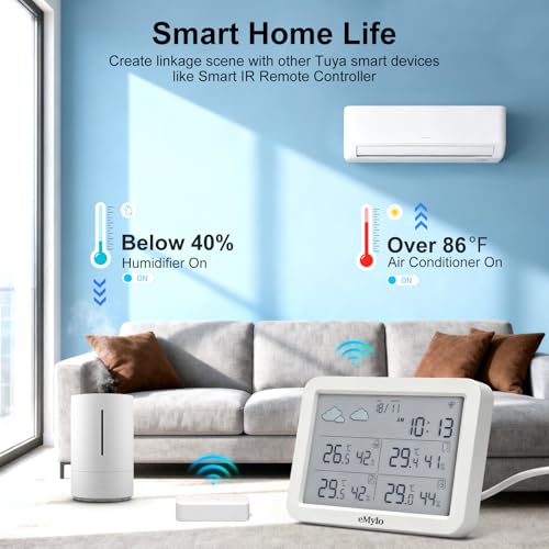 eMylo WiFi Indoor Outdoor Thermometer Hygrometer with 3 Remote Sensors | Temperature Humidity Monitor with Large LCD Display, App Alerts, 426 ft Range for Home, Greenhouse, Baby Room & Wine Cellar