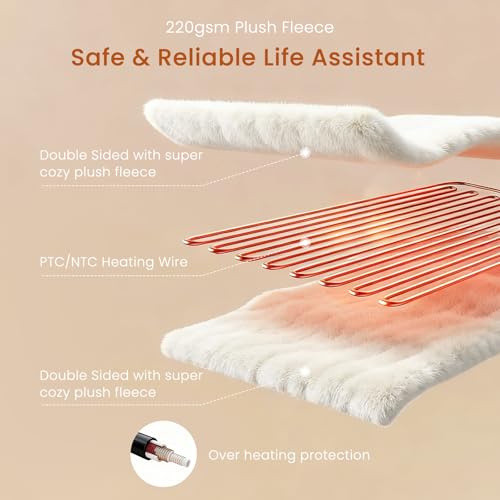 Heated Throw Blanket with Built-in Button Controller 50"x60" Electric Blanket with Soft Flannel Sherpa Fleece 4 Heat Settings 4-Hour Auto Shut Off Overheat Protection for Couch Bed and Office - color: White, size: Throw