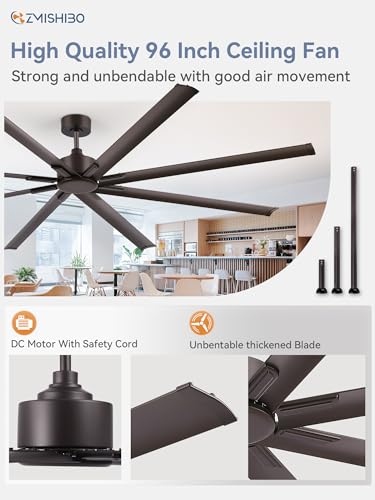 ZMISHIBO 96 Inch Industrial Ceiling Fan without Light, 8 Aluminum Blades | DC Motor, Damp Rated, 6 Speeds, Remote Control, 3 Downrods, Flat/Sloped Ceiling, Commercial, Farmhouse, Garage, Warehouse - color: Oil-bronze, size: 96inch