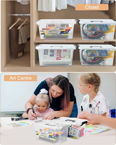NUMIFUN 7Qt Clear Plastic Storage Bins with Lids,Transparent Design,6 Pack | Stackable organizing totes with buckle latches & handles.Dust-proof clear design for home,office & pantry space saving - color: Clear