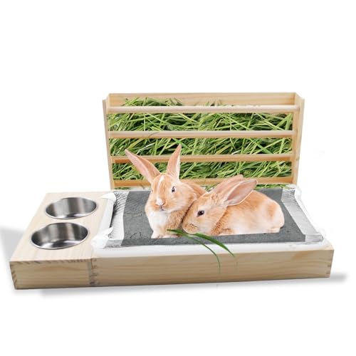 Rabbit Hay Feeder with Litter Box, 3 in 1 Wooden Bunny Feeder, Small Animal Hay Holder Rack for Rabbit, Guinea Pig, Hamster, Ferrets