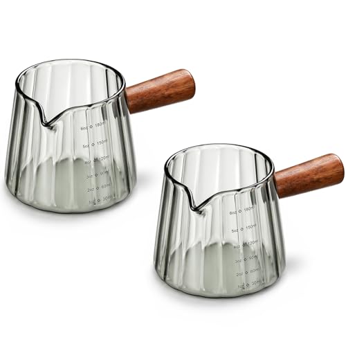 6 oz Espresso Cups - Glass Measuring Cups with Spout - Ribbed Small Creamer Pitcher- Expresso Shots Cup with Wood Handle for Coffee Milk, Dishwasher Safe (Grey, 2 pack) - color: Gray, size: 2 pack