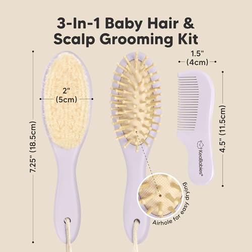 Wooden Baby Hair Brush Set for Newborns, Toddler Comb (Thistle, Regular) | Soft Goat Bristle, Baby Brush and Comb Set, Infant Grooming Kit, Cradle Cap Care, Durable & Gentle, Boy, Girl Bath Essential - color: Thistle, size: Oval, Regular 7"