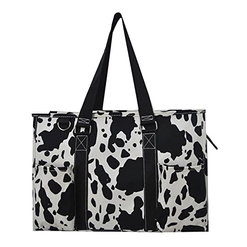 NGIL Utility Water Resistant Tote Bag | Work Tote for Women, Nurse Bag, Teacher's Choice Purse, Gym Bag, Everyday Organizer Top Zipper Closure - color: Cow Splatter-black