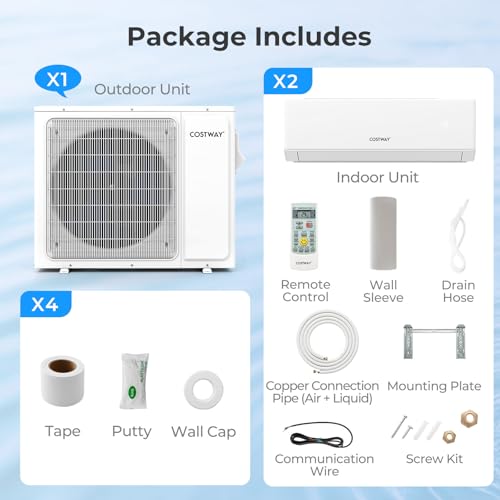 COSTWAY 18k Dual 2 Zone Mini Split Air Conditioner, 22 SEER2 7000 BTU+ 9000 BTU, 208-230V, Wifi Enabled Multi Zones Mini Split AC Heat Pump Full Set, Ductless Energy Star - size: Dual Zone 7000 BTU+9000 BTU