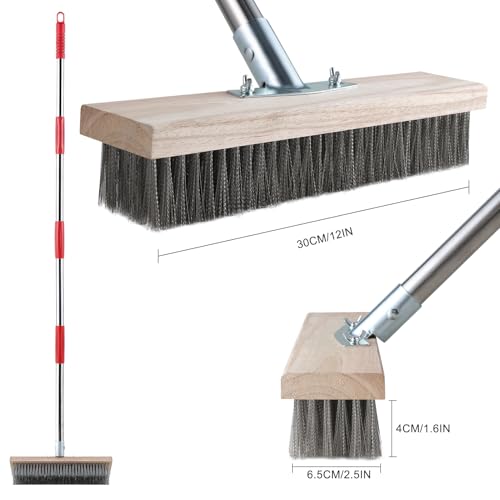 Mitclear Heavy Duty Wire Broom with Telescopic Handle(57IN), Stiff Metal Bristle Brush for Removing Weed Moss, Outdoor Floor Scrub Brush for Patio, Deck, Garden, Concrete, Garage
