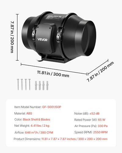 VEVOR Inline Duct Fan, 6-Inch 380 CFM with Power Cord, Quiet AC-Motor Ventilation Exhaust Fan for Cooling Booster, Grow Tents, Hydroponics - size: 6" Inline Fan