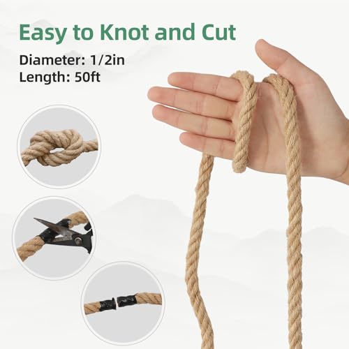 Natural Jute Rope, Heavy Duty Thick Rope, 1/2 in x 50 ft | For indoor and outdoor crafts, nautical rope decor, railings, hammocks, swings, gardening and tug of war - size: 1/2 in x 50 ft