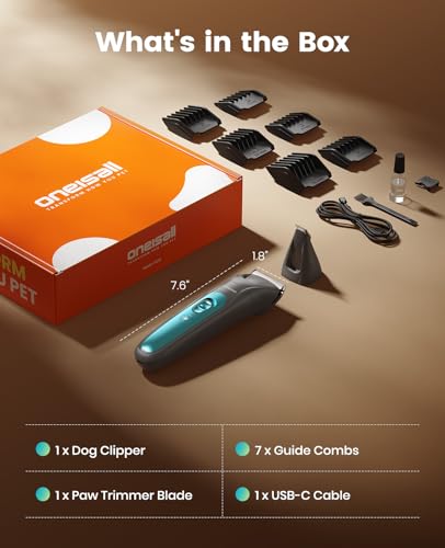 oneisall LED Light 2-in-1 Dog Grooming Clippers & Paw Trimmer Kit | Cordless & 3.7 hrs Runtime, 7 Guide Combs, LED Display, Safe for Paw, Face, Ears, Legs, Body