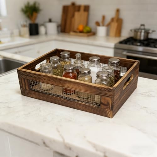 Set of 3 Wooden Crate For Kitchen Counter, Small Wood Storage Basket | Rustic Nesting Wood Organizer Box, Decorative Crates for Display, Pantry Countertop, Fruit, Vegetable, Include 3 Fabric Mats