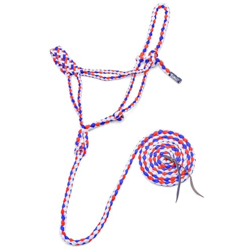 Jeffers Equine Braided Mule Tape Halter with 10' Detachable Lead Rope Set for Horses, 14 to 18 Hands - Stylish Design with Adjustable Poll Strap, Easy to Use Western Tack - Red, White & Blue - color: Red, White & Blue