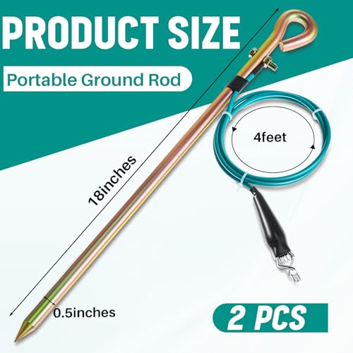 Tellegloww 2 Pcs Portable Ground Rod Grounding Rod with 4ft Grounding Wire 12AWG and Clip Grounding Pin Electric Fence Ground Rod for Antennas Satellite Dishes Generator (Spring Clamp) - style: Spring Clamp