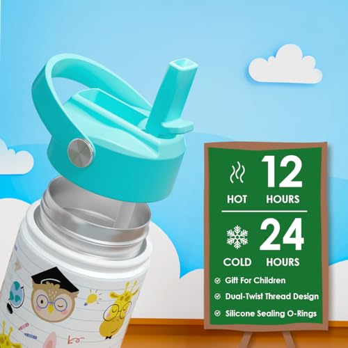 SANDJEST Animal Kids Water Bottle with Straw Lid 12oz Insulated Stainless Steel, Travel Tumbler, Gifts for Girls, Birthday, Christmas, Back to School - color: Animal 2