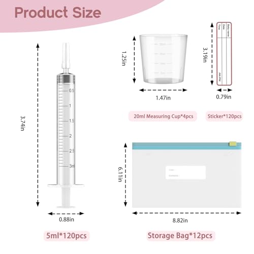 120 Sets 3ml Colostrum Collector Kit Include No Needle Colostrum Syringes with Caps 1mlx120, Stickerx120, 20ml Measuring Cupx4, Ziplock Storage Bagx12 for Breastmilk Collector - size: 120pcs-3ml