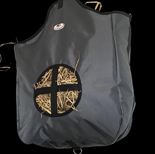 Majestic Ally Nylon Hay Feeder Tote Bag for Horse, Goat, Sheep - Double Sides Open Feed Hole with Faux Leather Ventilated Bottom- Premium Quality -Simulates Grazing - Reduces Waste (Dark Gray) - color: Dark Gray
