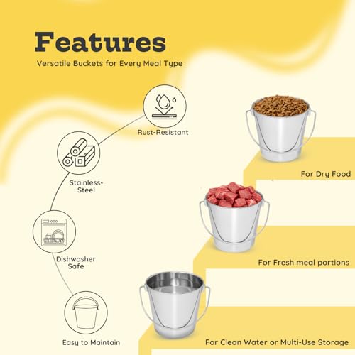 1 Qt Stainless Steel Hanging Water Bucket with Handle, 4-Pack | Food & Water Pail, 0.25 Gallon Capacity, Heavy-Duty, Round Design with Carry Handle, Ideal for Dogs, Cats, Birds & Small Pets - size: 1 Quart (Pack of 4)