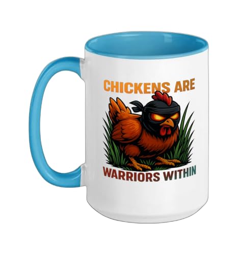 Chickens Are Warriors Within Funny Poultry Ninja Ceramic Mug, Blue/White, 15oz - color: Blue/White, size: 15 Ounces