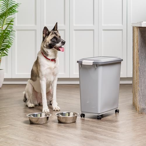 IRIS USA Dog Food Storage Container, Up to 40 lbs, Gray/Dark Gray | Made in USA, Comes with Wheels & 2-Cup Scoop, Airtight Seal, BPA-Free, Bird Seed, Cat food, Cat Litter, Treats, Pellets - color: Gray/Dark Gray, size: 40 lbs