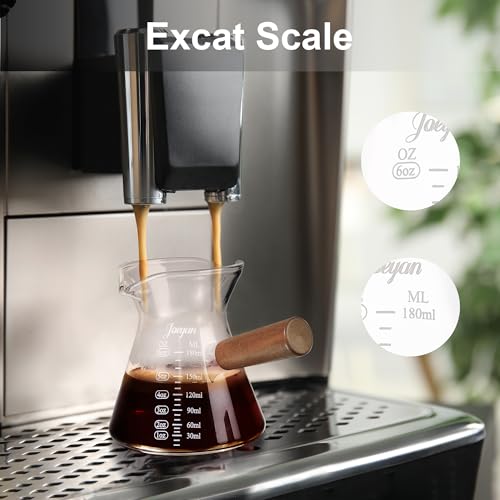 Joeyan 6 oz Glass Measuring Cup with Double Spouts,Clear Borosilicate Espresso Shot Glasses with Wooden Handle,Milk Creamer Frothing Pitcher Barista Coffee Carafe - color: 6 Oz Dual Spouts Clear Measuring Cup
