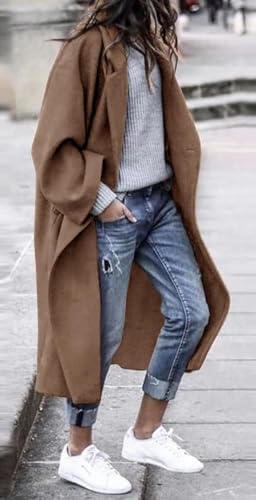 Women's Notch Lapel Single Breasted Pea Coat | Premium Wool Blend, Oversized Long Casual Overcoat with Pockets, Fall and Winter - color: Camel, size: X-Large